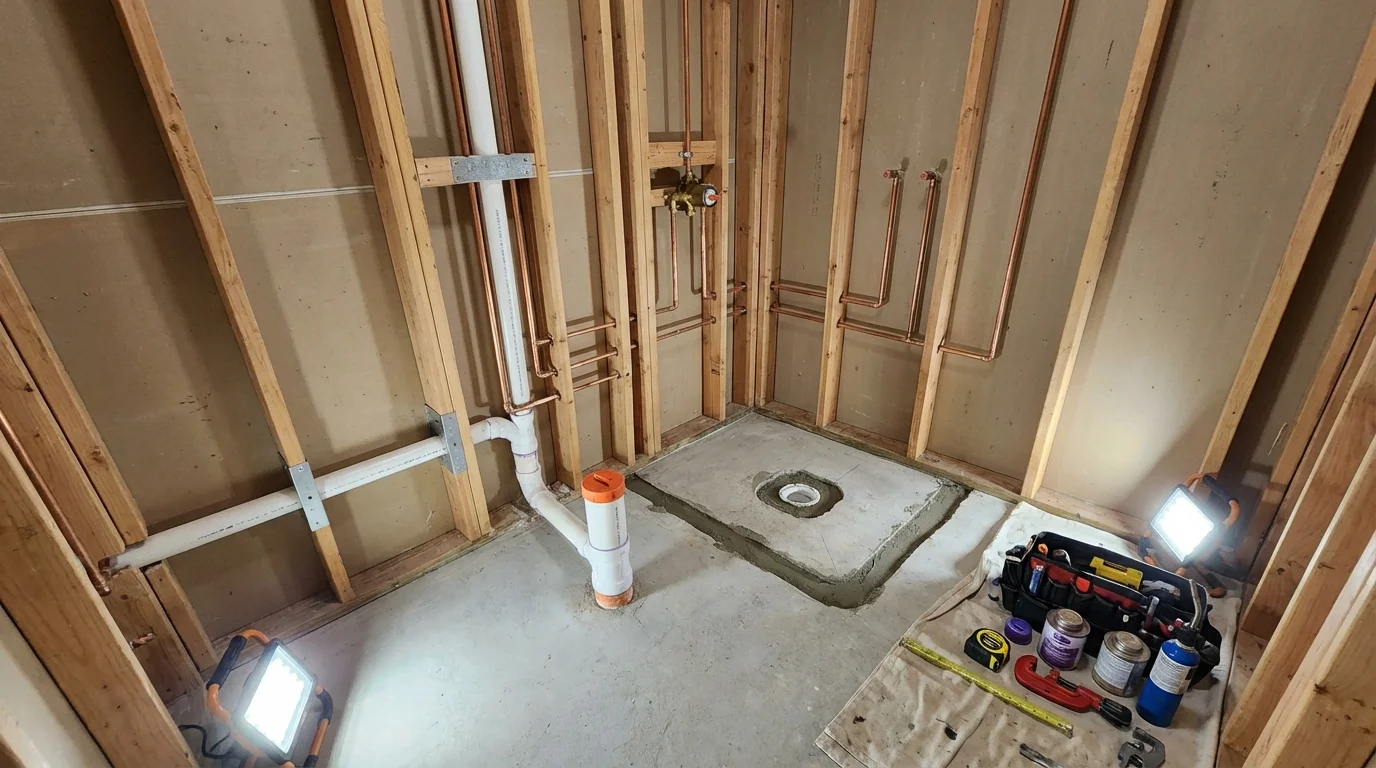 Bathroom rough-in plumbing during remodel by Johns Plumbing LLC in Newville