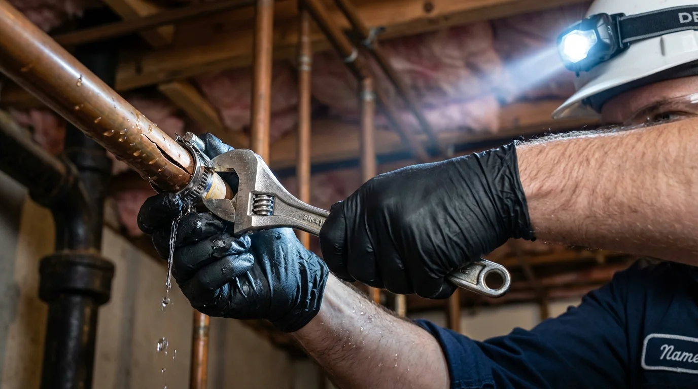 Emergency pipe clamp repair being performed by a Johns Plumbing LLC plumber in Newville