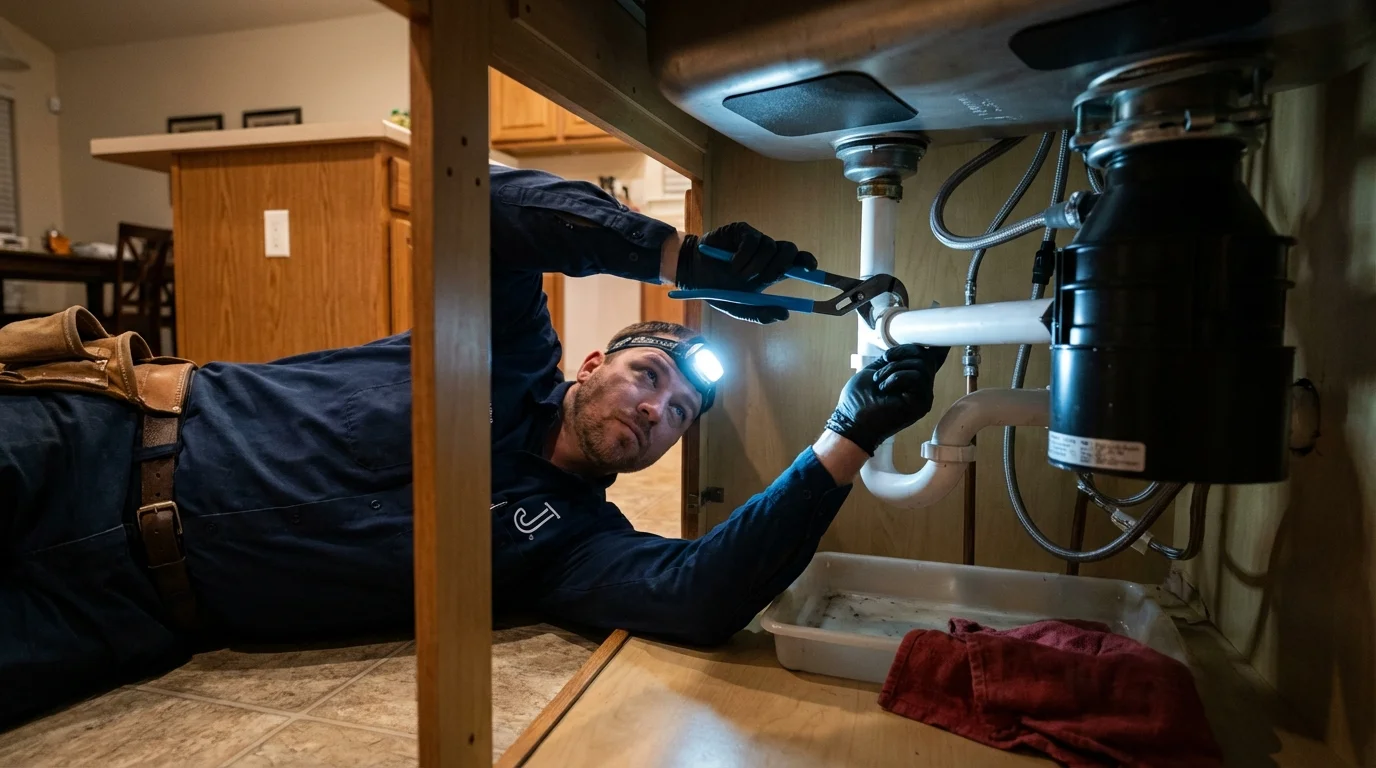 P-trap and supply line connections under a kitchen sink showing a common leak point in Newville, PA